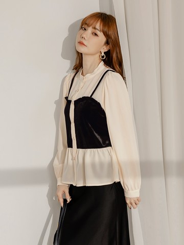 假兩件光澤絲絨開襟泡泡袖上衣