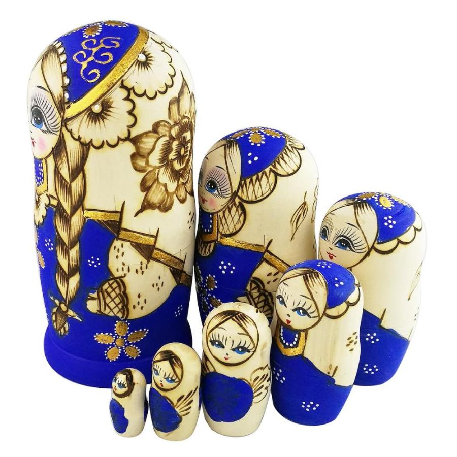 Set of Blue Cute Little Girl with Big Braid Handmade Matryoshka