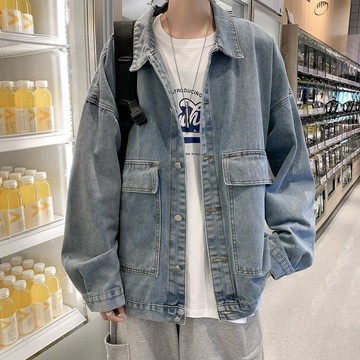 美式復古牛仔外套 大口袋牛仔外套男 oversize寬松工裝牛仔外套 男高街翻領襯衫夾克 休閒百搭牛仔夾克~灣boy