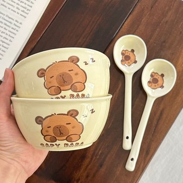 臺灣現/🎀餐具 餐盤 菜盤卡皮巴拉可愛ins高顏值家用碗勺釉下彩陶瓷餐具套裝飯碗盤子勺子