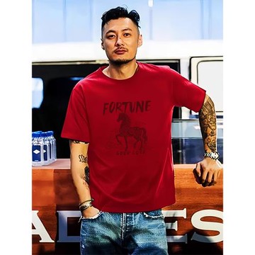 本命年馬年短袖t恤男士寬松純棉男裝打底半袖2026新年酒紅色衣服