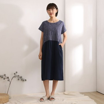 二重紗異素材拼接連袖洋裝