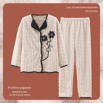 2025年珊瑚絨睡衣女士秋冬季加絨加厚保暖法蘭絨小翻領家居服套裝