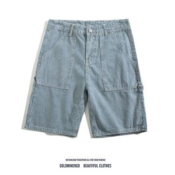 條紋牛仔短褲男日系復古痞帥百搭直筒中褲潮牌撞色休閑工裝五分褲