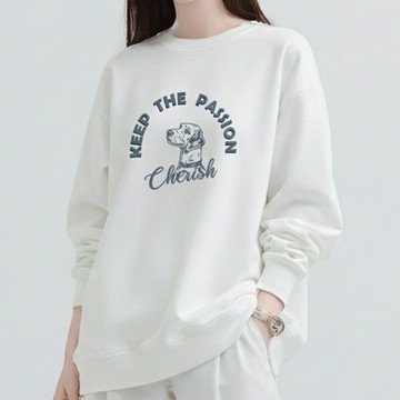 MIT│ 保持熱情守護犬粗針大學T 美式復古狗狗插畫 寬鬆落肩重磅保暖上衣 質感簡約情侶款