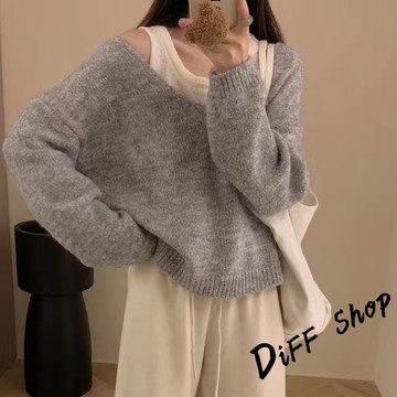 韓版兩件式寬鬆V領慵懶風針織上衣+針織背心 套裝【W526】