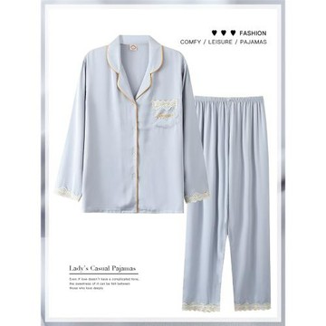 睡衣女春秋款冰絲長袖蕾絲花邊性感家居服夏季仿真絲綢加大碼套裝