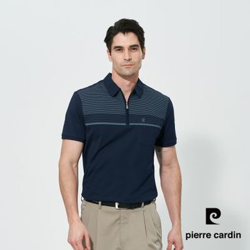 pierre cardin 皮爾卡登 男款 本布領拉鍊短袖polo衫-藍色(5257219-39)