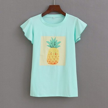 圓領印花荷葉邊T恤衫 夏季新款彈力寬松套頭體恤衫 女上衣 01/3-3