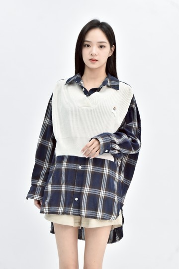 (2XL) maru a 藍色棉質純棉假兩件襯衫上衣