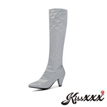 【Kissxxx】閃耀金蔥尖頭高跟長靴/復古經典閃耀金蔥尖頭高跟長靴 女鞋 銀