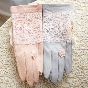 遮陽手套女 夏天新款波點蕾絲圖騰棉質透氣防滑花朵觸屏手套1入