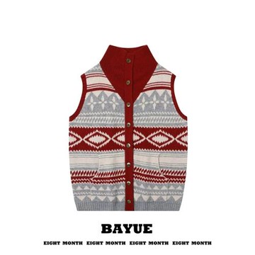 港風復古紅色幾何提花針織馬甲秋冬內搭疊穿寬松立領毛衣背心開衫