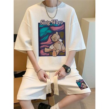 華夫格休閑套裝男夏季冰絲短褲短袖t恤搭配帥氣青少年籃球運動服