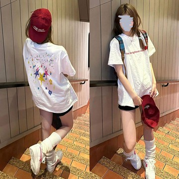 純棉炫彩星星印花百搭洋氣小眾韓系潮流夏季T恤情侶款ins 女生上衣 圓領短袖 韓版t 大學T