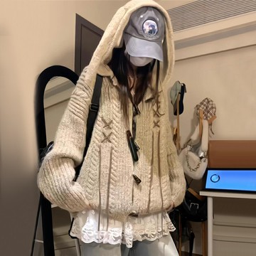 ＊ORead＊慵懶風復古牛角扣連帽毛衣外套(杏色F碼)