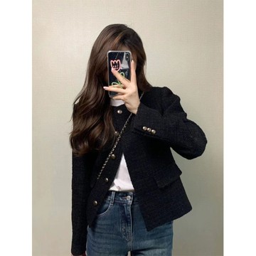 【SK 】洋氣高級感韆金裝黑色短款小香風外套秋冬新款小個子高級感超好看法式名媛上衣防風百搭 棒球外套 毛毛外套 百搭針織