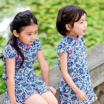 兒童旗袍 古風 四季款 墨染青瓷