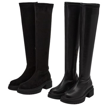 【Grace Gift】靴子 長靴 膝上靴【顯瘦秘訣中車線絨布/彈力厚底厚底膝上靴】2色 35-43號 大尺碼 厚底靴