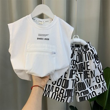 Healthy baby 男童夏裝背心套裝新款洋氣潮寶寶夏季無袖衣服兒童痞帥兩件套 男童套装 短袖套装 大學T套装