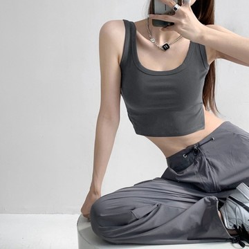 帶胸墊方領短款高彈力背心女外穿無袖開叉露臍純色吊帶防走光打底上衣