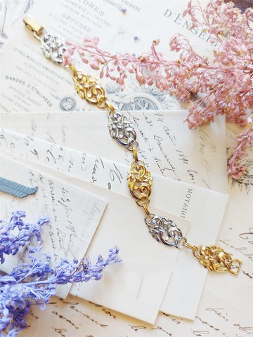 現貨在台-Van Dell雙色花葉純銀與包金手鍊【美國老件時尚珠寶】