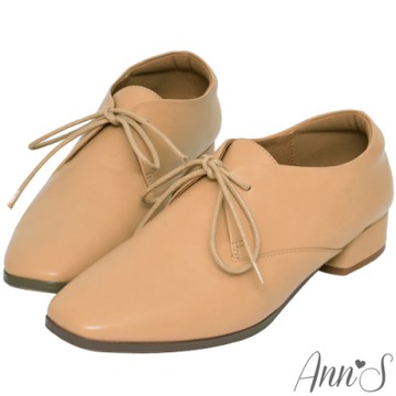 Ann’S文青型態-不破內裡素面微方頭蠟繩平底牛津鞋-杏