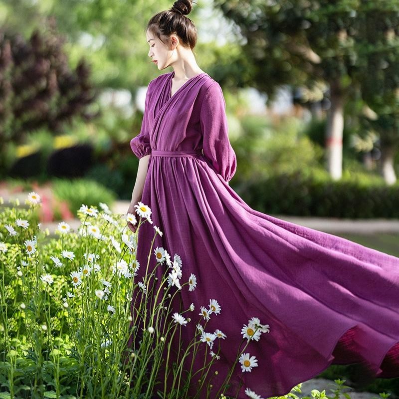 文芸大振子スカート2020夏の新型は腰のゆったりした大きいサイズの綿麻のワンピ 綿麻記文芸紫色ロングスカート新型Vネックワンピース女夏大振り