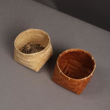 竹木編果簍瓜子干果簍圓口方底零食收納筐竹果盤點心盤桌面垃圾簍