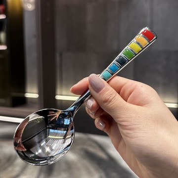 大圓頭干飯勺！彩虹琺瑯圓頭勺子喝湯勺調羹18-10不銹鋼