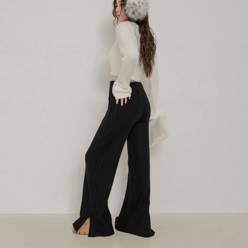 側雙條開叉針織長褲-黑【KT201636】