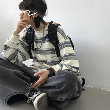 台灣出貨 春秋款 美式條紋長袖 休閑百搭潮流上衣 大學T 寬鬆版型 Oversize 男女可穿 條紋t 秋冬上衣