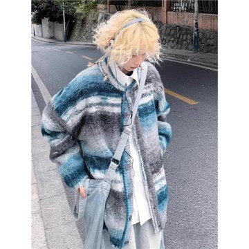 美式復古彩色條紋撞色開衫毛衣男女慵懶圓領寬松休閑情侶針織外套