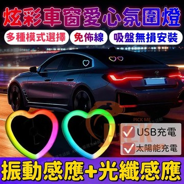 【太陽能氛圍燈】車窗桃心愛心氛圍燈 汽車太陽能三角 車內改裝霓虹燈氣氛燈 太陽能 LED霓虹燈 免接綫 愛心燈 裝飾鄧