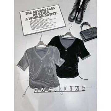 歐貨絲絨小衫2024春秋新款小個子時尚設計感抽繩修身v領短袖上衣