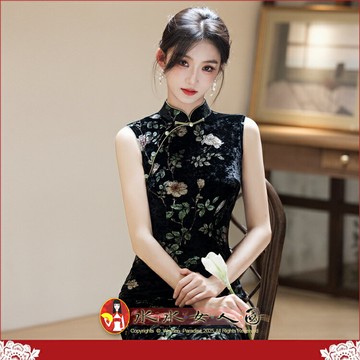 無袖絲絨旗袍改良年輕款少女復古民國風老上海高級感洋裝日常可穿｜靜然｜水水女人國