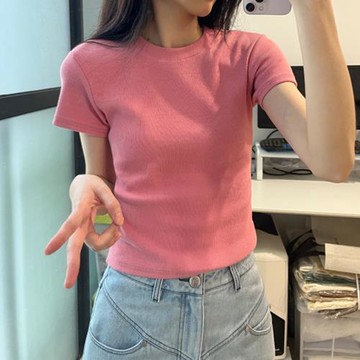 美式修身螺紋正肩t恤女短袖夏新品粉色顯瘦圓領疊穿短款打底衫