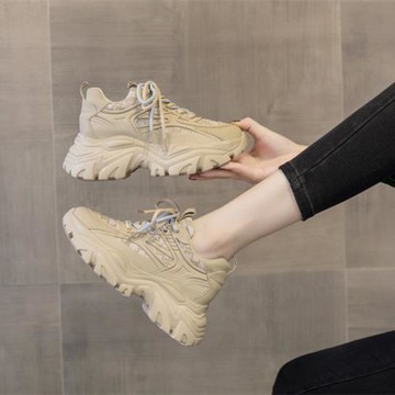 歐洲站女鞋2022春新款ins爆款老爹鞋女厚底內增高8cm休閑鞋卡其色