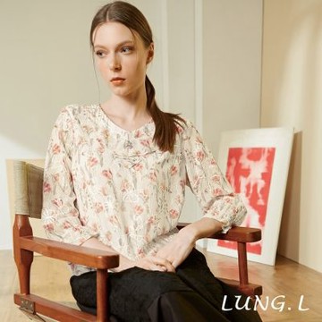 LUNG.L林佳樺 米白印花電繡雪紡七分袖女裝上衣 LX22A