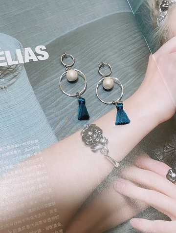 孔雀藍流蘇珍珠耳環