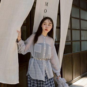 細格紋中山領雙口袋透膚襯衫 三色售