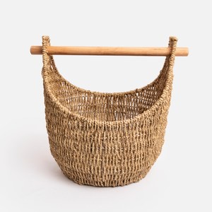 艾禮思手工草編木頭提把收納籃 直條