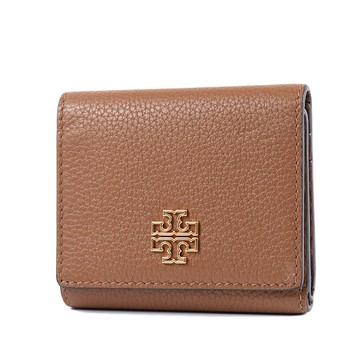 TORY BURCH BRITTEN 縷空LOGO荔枝紋釦式三折短夾-焦糖色