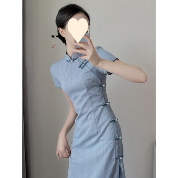 氣質旗袍藍色民國風2025新款改良夏季年輕款日常可穿素雅新中式女鑫弘-素時衣櫥