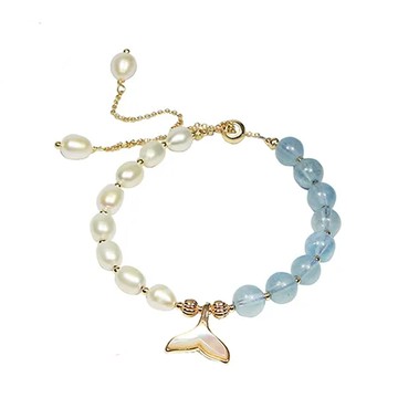 海藍寶水晶手鍊 附贈淨化白水晶  時尚珍珠造型 藍色 + 白色  5g