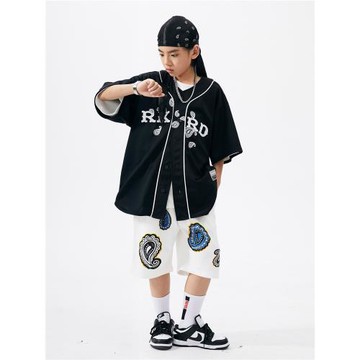 ROCKYROAD 街舞兒童潮服嘻哈短袖襯衫短褲套裝兒童表演演出潮服酷