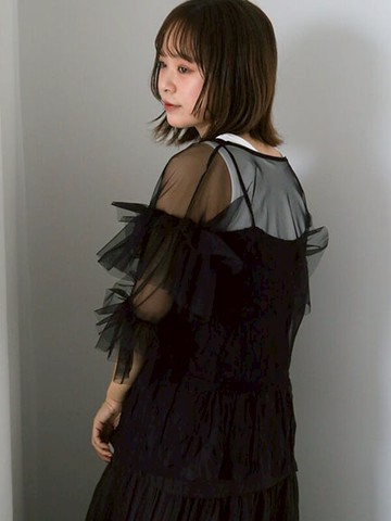 透明感醒目薄紗荷葉邊排釦圓領襯衫(0F000889710) - ehka sopo