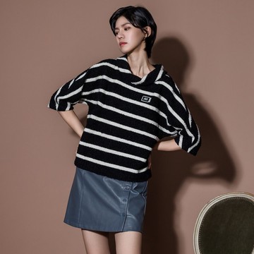 【MEDUSA】毛圈羊毛黑色橫紋上衣(M-XL) | 女羊毛上衣 女休閒上衣