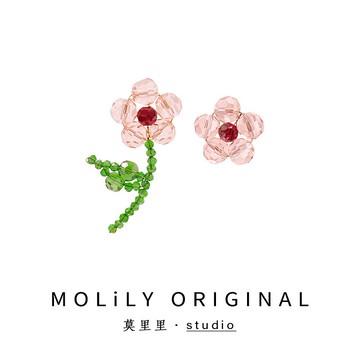 銀針不對稱小巧耳釘手工編織串珠花朵耳環紅花綠色水晶耳夾墜