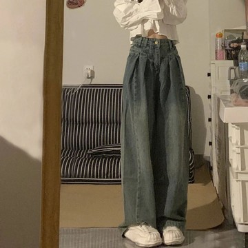 牛仔褲女  美式複古高街設計感  小衆高腰闊腿褲    寬鬆顯瘦拖地褲子  WH 7DTO